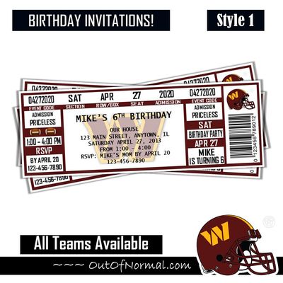 Washington Redskins NFL Football Birthday Invitation Ticket Style