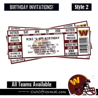 Washington Redskins NFL Football Birthday Invitation Ticket Style