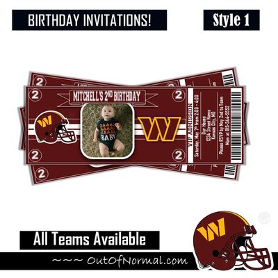 Washington Commanders NFL Football Birthday Invitation Ticket Style Jayden Daniels