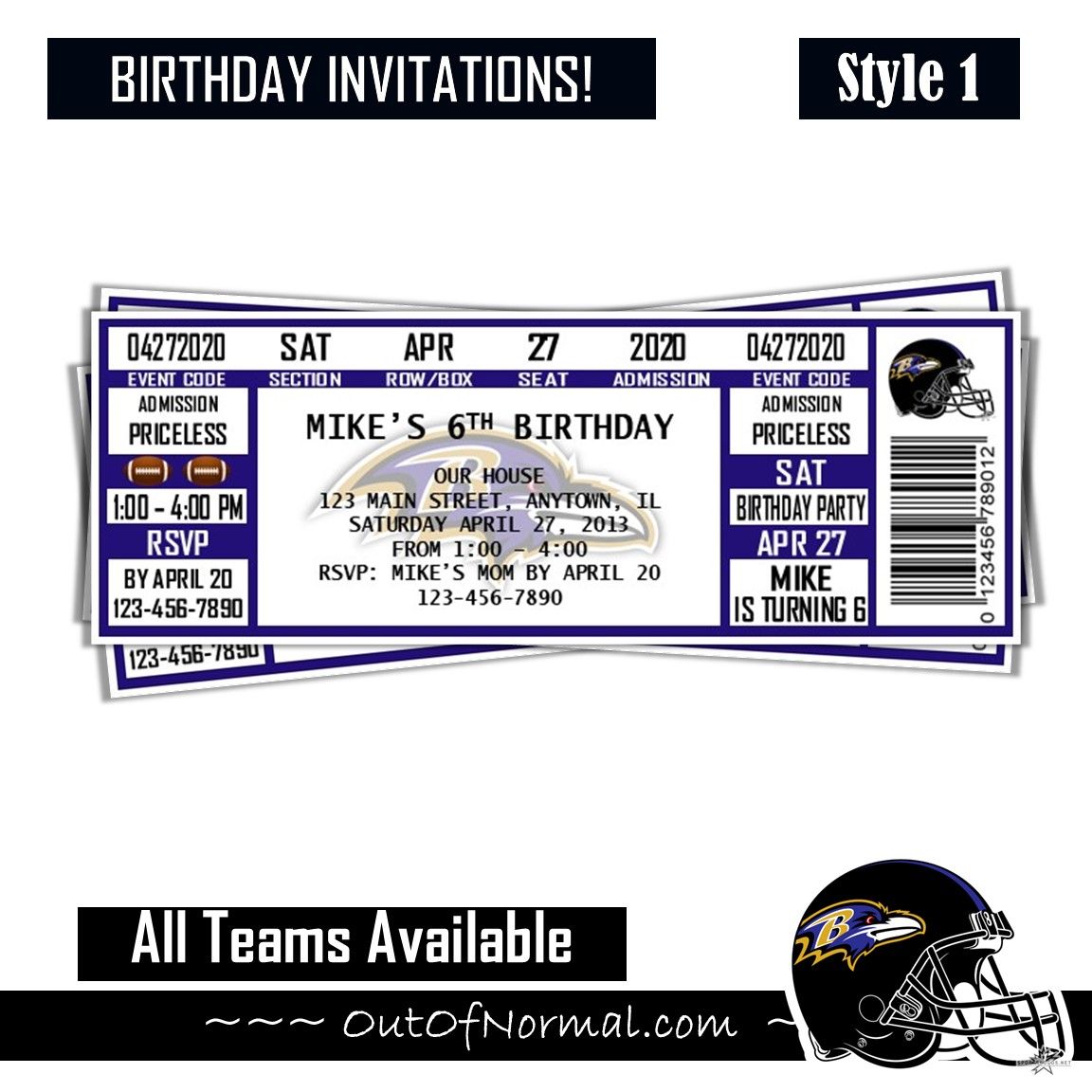 Baltimore Ravens NFL Football Birthday Invitation Ticket Style