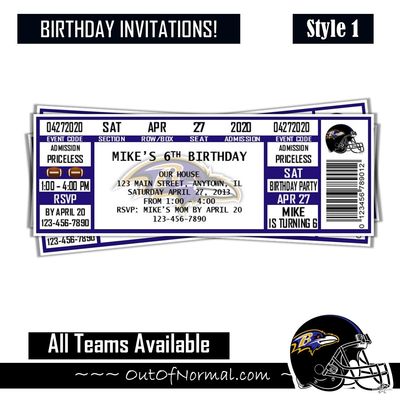 Baltimore Ravens NFL Football Birthday Invitation Ticket Style