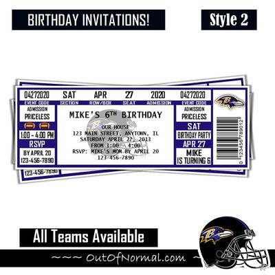 Baltimore Ravens NFL Football Birthday Invitation Ticket Style