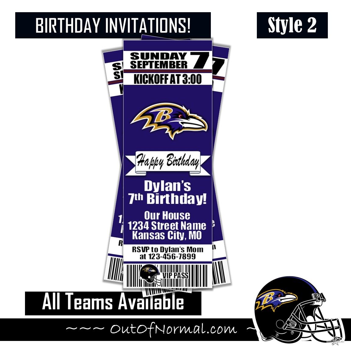 Baltimore Ravens NFL Football Birthday Invitation Ticket Style