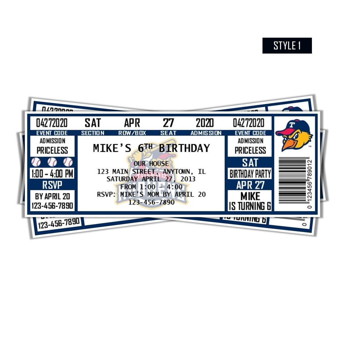 Toledo Mud Hens MiLB Photo Children&#39;s  Baseball Birthday Invitation Ticket Style
