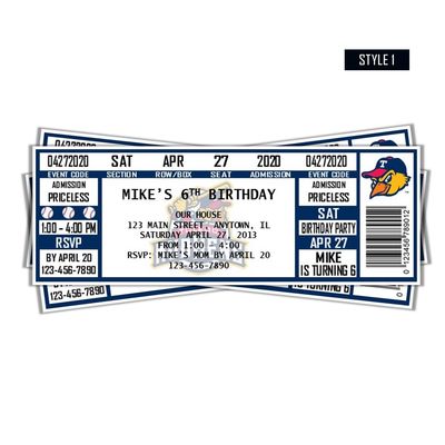 Toledo Mud Hens MiLB Photo Children&#39;s  Baseball Birthday Invitation Ticket Style