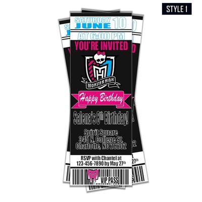 Monster High Doll Birthday Invitation Ticket Style