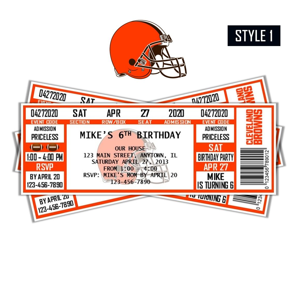 Cleveland Browns NFL Football Birthday Invitation Ticket Style