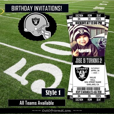 Oakland Raiders Las Vegas NFL Football Birthday Invitation Ticket Style