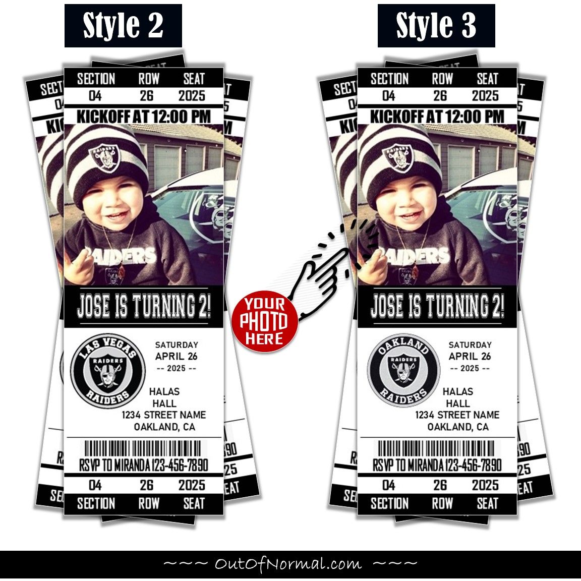 Oakland Raiders Las Vegas NFL Football Birthday Invitation Ticket Style