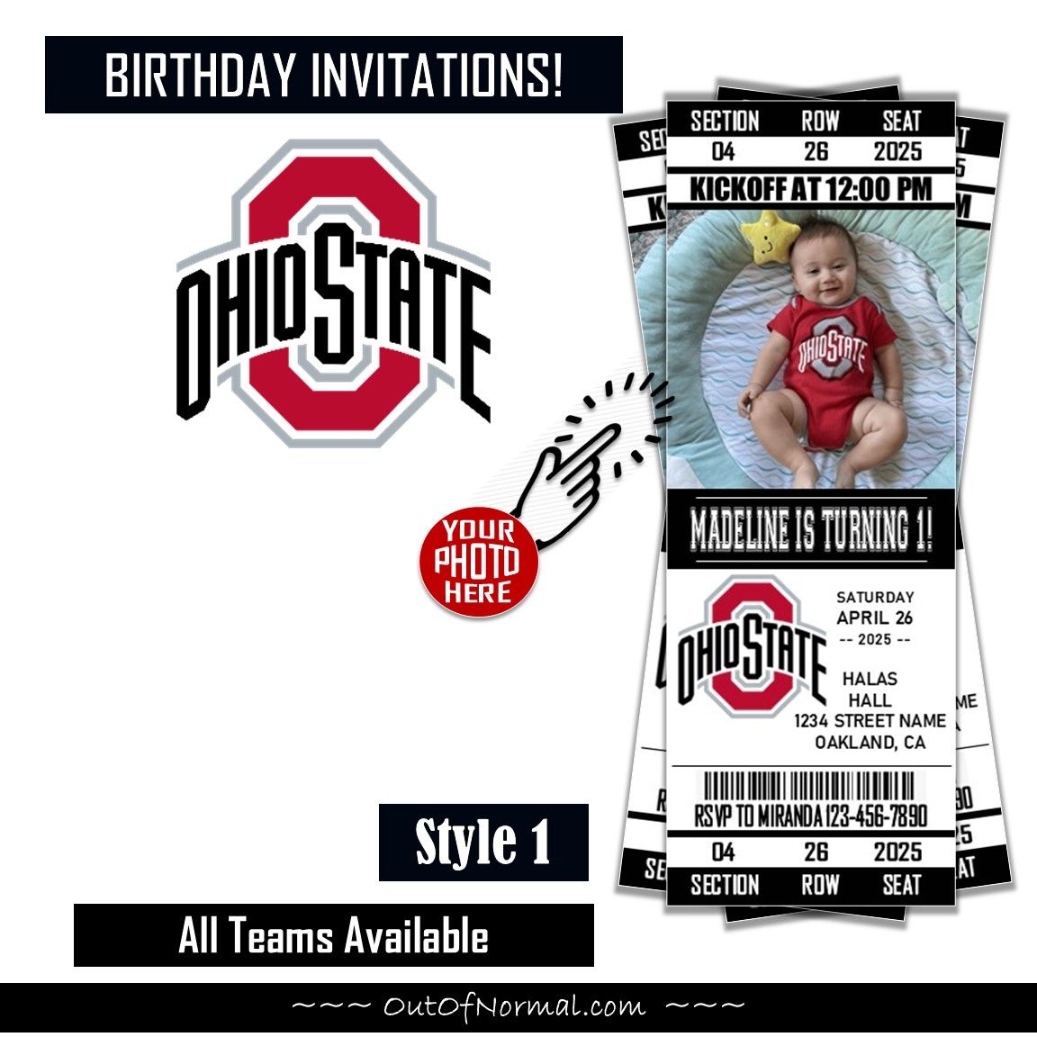 Ohio State Buckeyes College Football Birthday Invitation Ticket Style