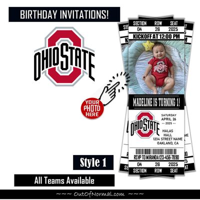 Ohio State Buckeyes College Football Birthday Invitation Ticket Style
