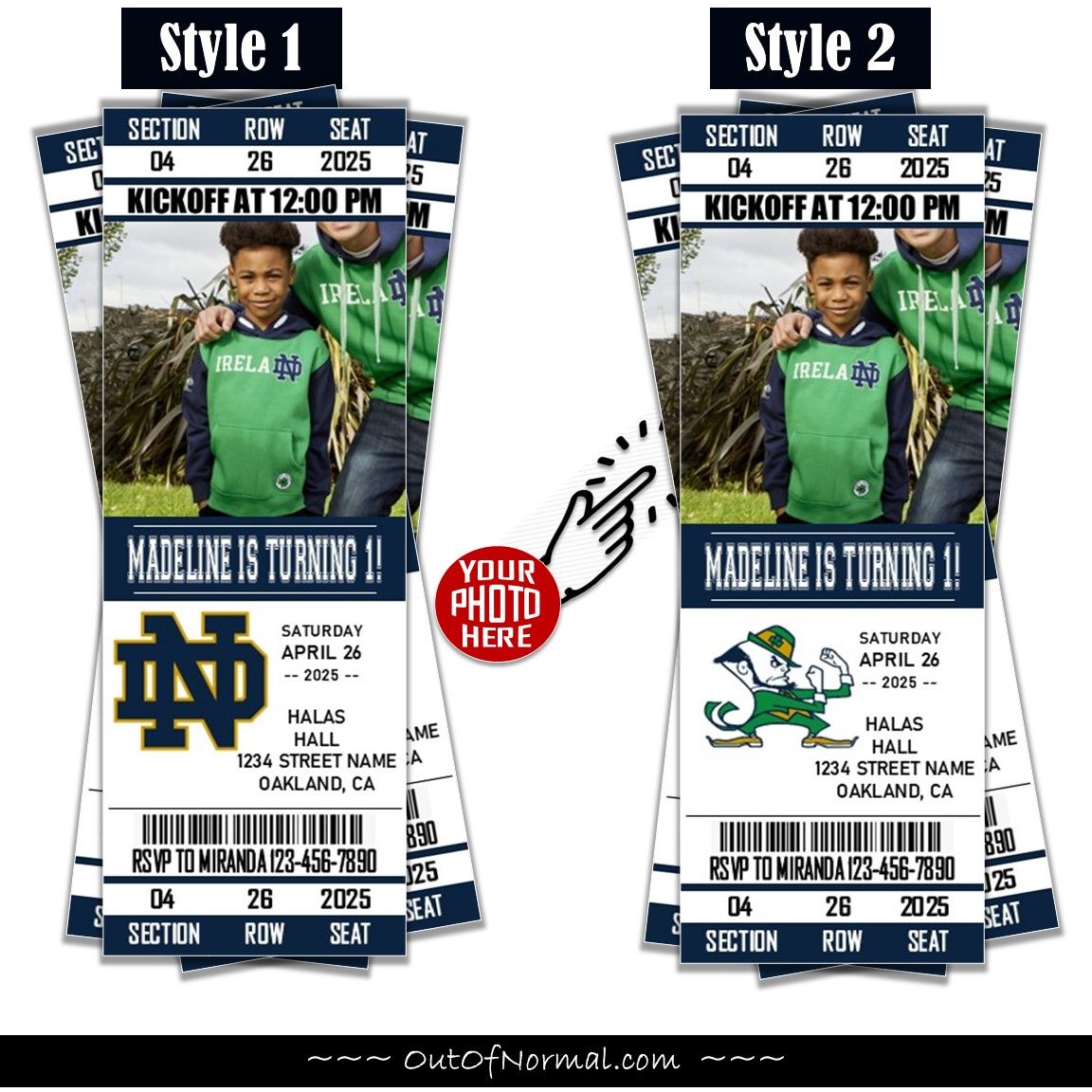 Notre Dame Fighting Irish College Football Birthday Invitation Ticket Style