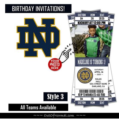 Notre Dame Fighting Irish College Football Birthday Invitation Ticket Style
