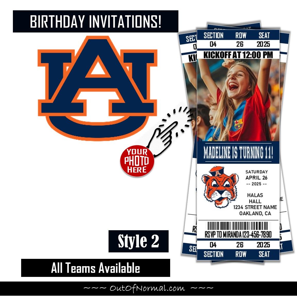 Auburn Tigers College Basketball Birthday Invitation Ticket Style NCAA