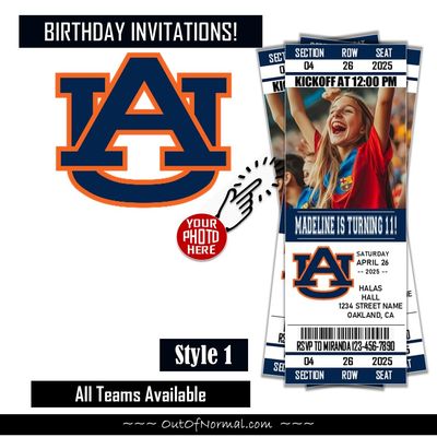 Auburn Tigers College Basketball Birthday Invitation Ticket Style NCAA