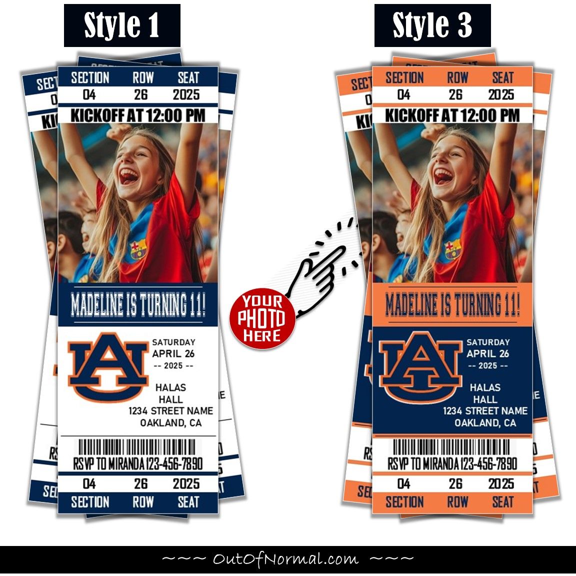 Auburn Tigers College Basketball Birthday Invitation Ticket Style NCAA