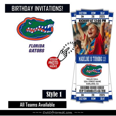 Florida Gators College Basketball Birthday Invitation Ticket Style NCAA