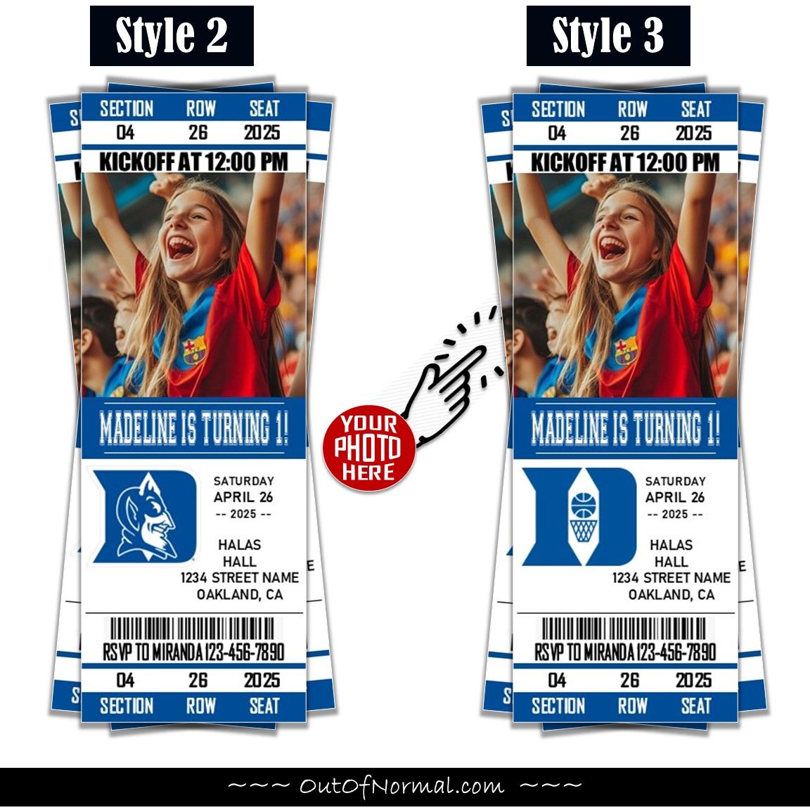 Duke Blue Devils College Basketball Birthday Invitation Ticket Style NCAA