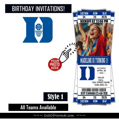 Duke Blue Devils College Basketball Birthday Invitation Ticket Style NCAA