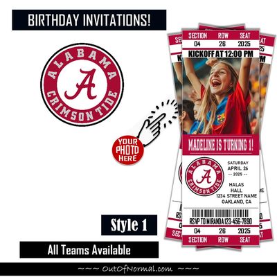Alabama Crimson Tide College Basketball Birthday Invitation Ticket Style NCAA