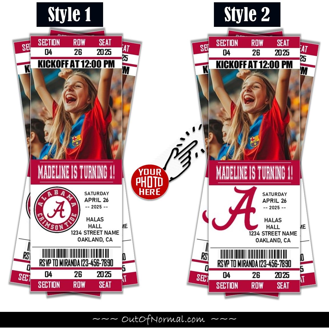 Alabama Crimson Tide College Basketball Birthday Invitation Ticket Style NCAA