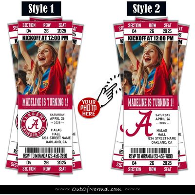 Alabama Crimson Tide College Basketball Birthday Invitation Ticket Style NCAA