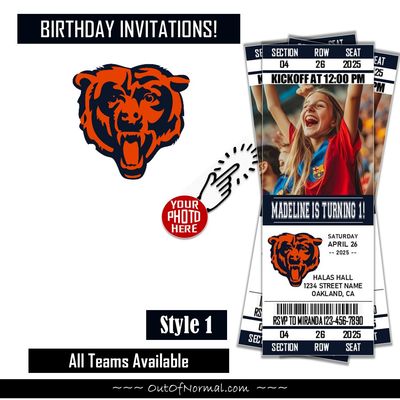 Chicago Bears Birthday Invitation Ticket Style NFL 2025