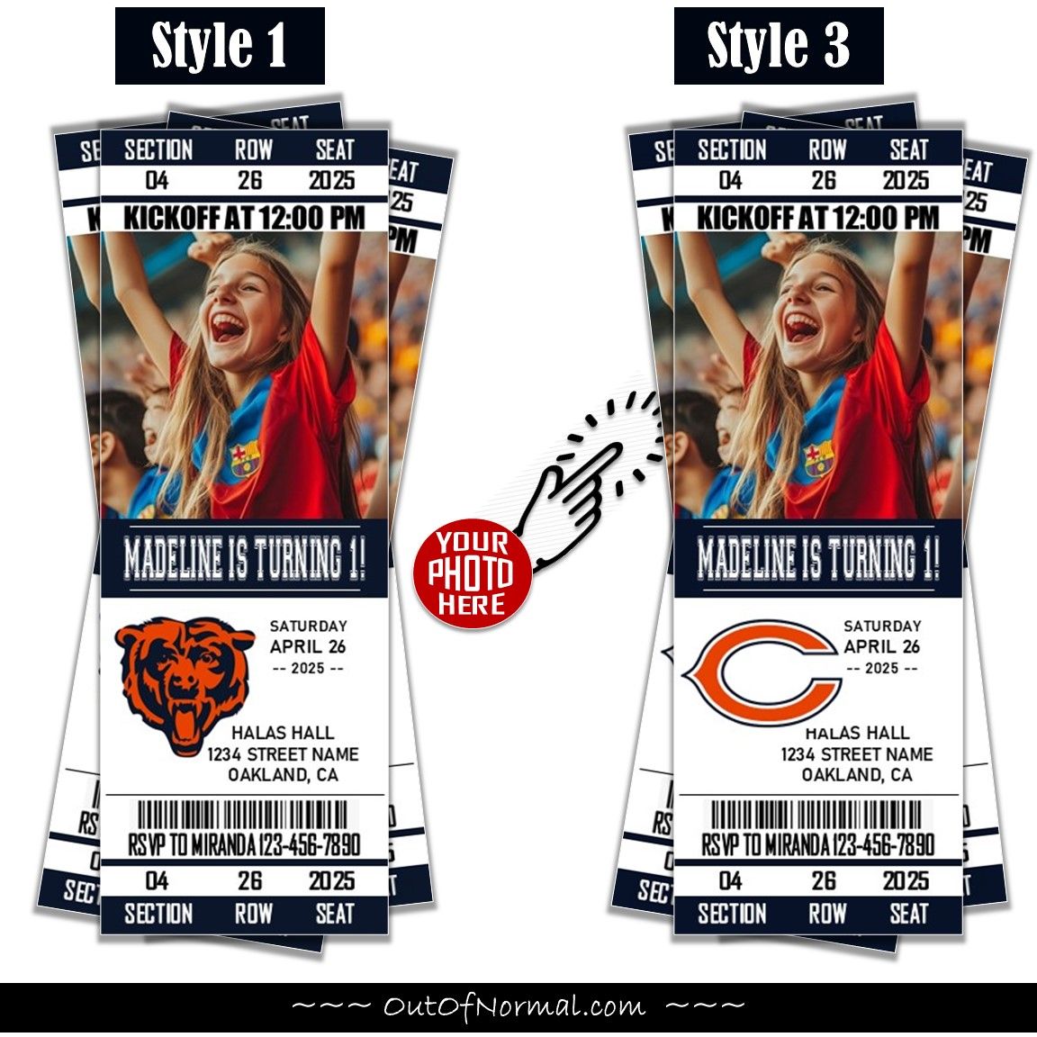 Chicago Bears Birthday Invitation Ticket Style NFL 2025