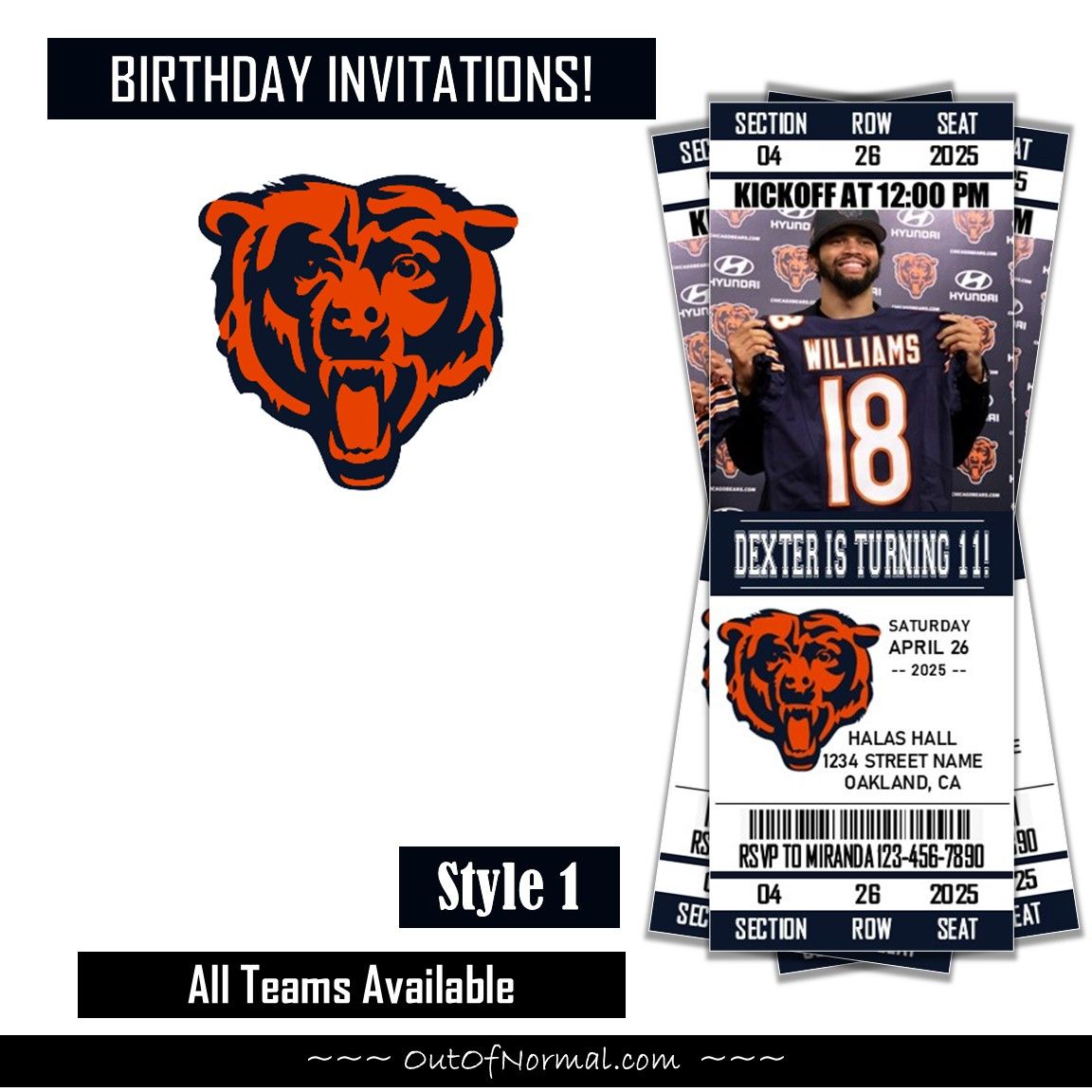 Chicago Bears CALEB WILLIAMS Birthday Invitation Ticket Style NFL 2025
