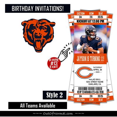 Chicago Bears CALEB WILLIAMS Birthday Invitation Ticket Style NFL 2025