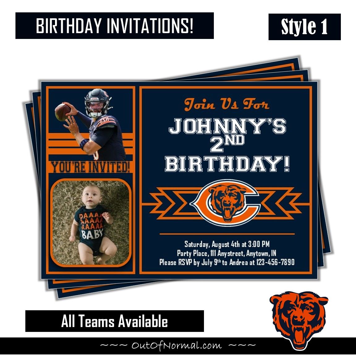 Chicago Bears Caleb Williams NFL football Birthday Invitation 5x7 with pic