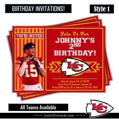 Kansas City Chiefs KC = Patrick Mahomes NFL football Birthday Invitation 5x7 with pic