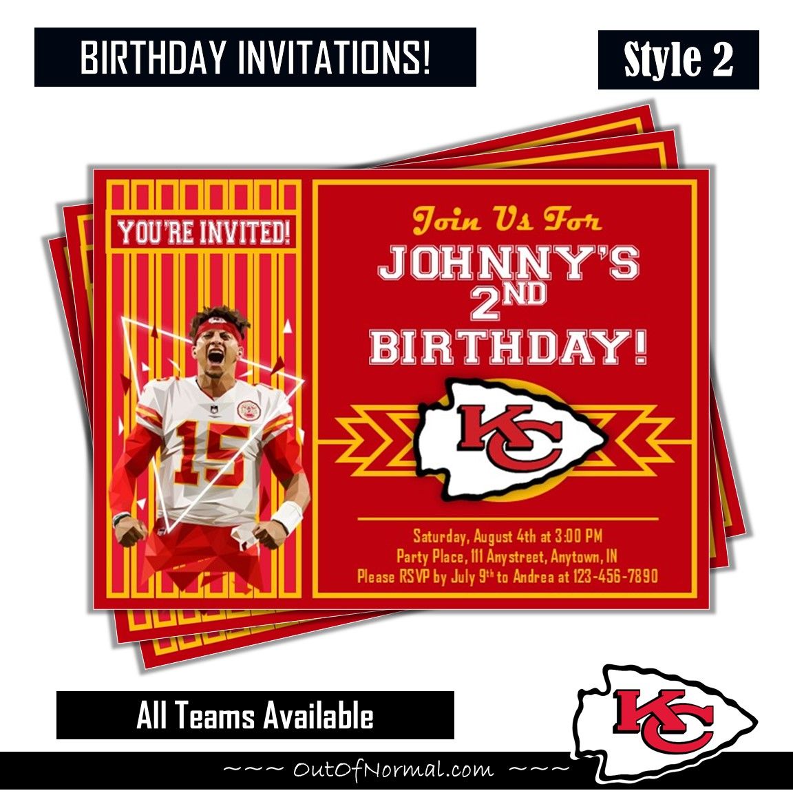 Kansas City Chiefs KC = Patrick Mahomes NFL football Birthday Invitation 5x7 with pic