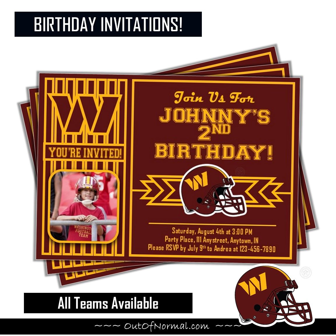 Washington Commanders NFL Football Birthday Invitation 5x7 with pic