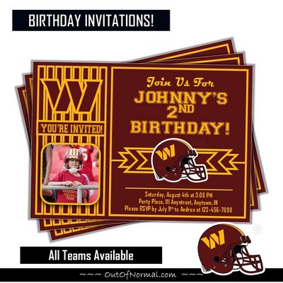 Washington Commanders NFL Football Birthday Invitation 5x7 with pic