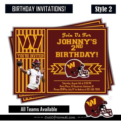 Washington Commanders Jayden Daniels NFL Football Birthday Invitation 5x7 with pic