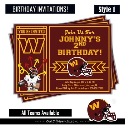 Washington Commanders Jayden Daniels NFL Football Birthday Invitation 5x7 with pic