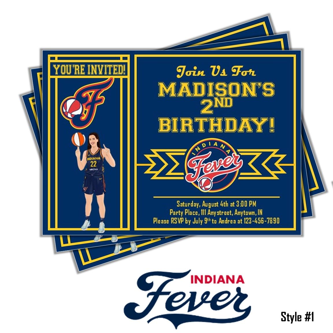 Indiana Fever - Caitlin Clark WNBA Basketball Birthday Invitation 5x7