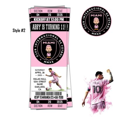 Inter Miami FC Soccer Football club Birthday Invitation Ticket Style - Messi