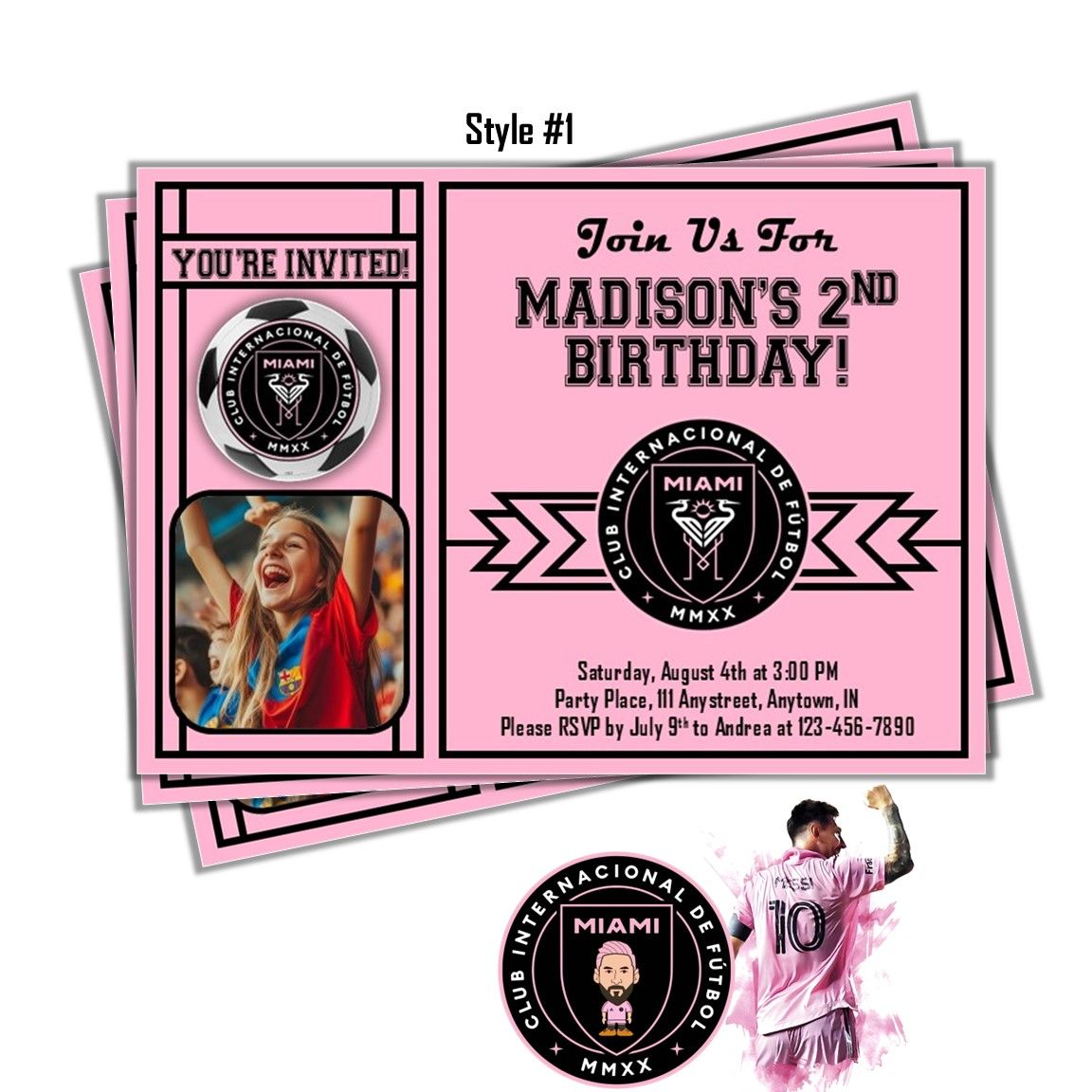Inter Miami FC Soccer Football club Birthday Invitation - Messi 5x7 Photo