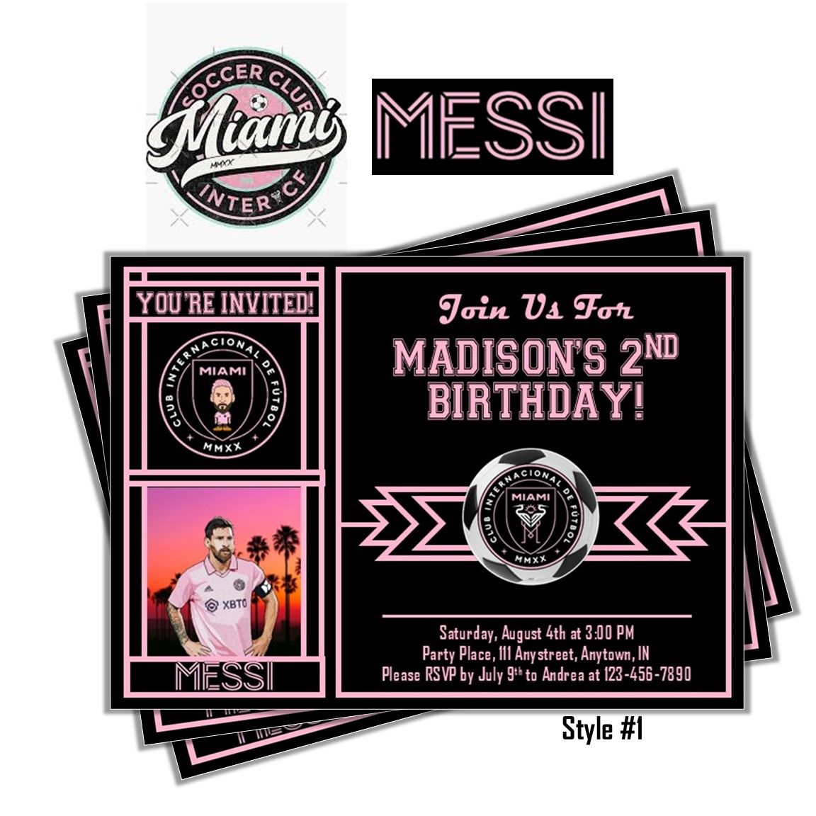 Inter Miami FC Soccer Football club Birthday Invitation - Messi 5x7