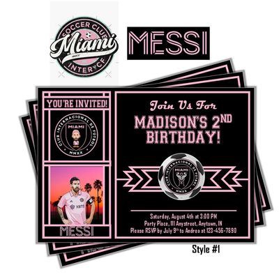 Inter Miami FC Soccer Football club Birthday Invitation - Messi 5x7