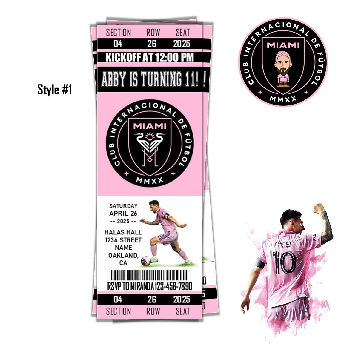 Inter Miami FC Soccer Football club Birthday Invitation Ticket Style - Messi