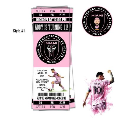 Inter Miami FC Soccer Football club Birthday Invitation Ticket Style - Messi