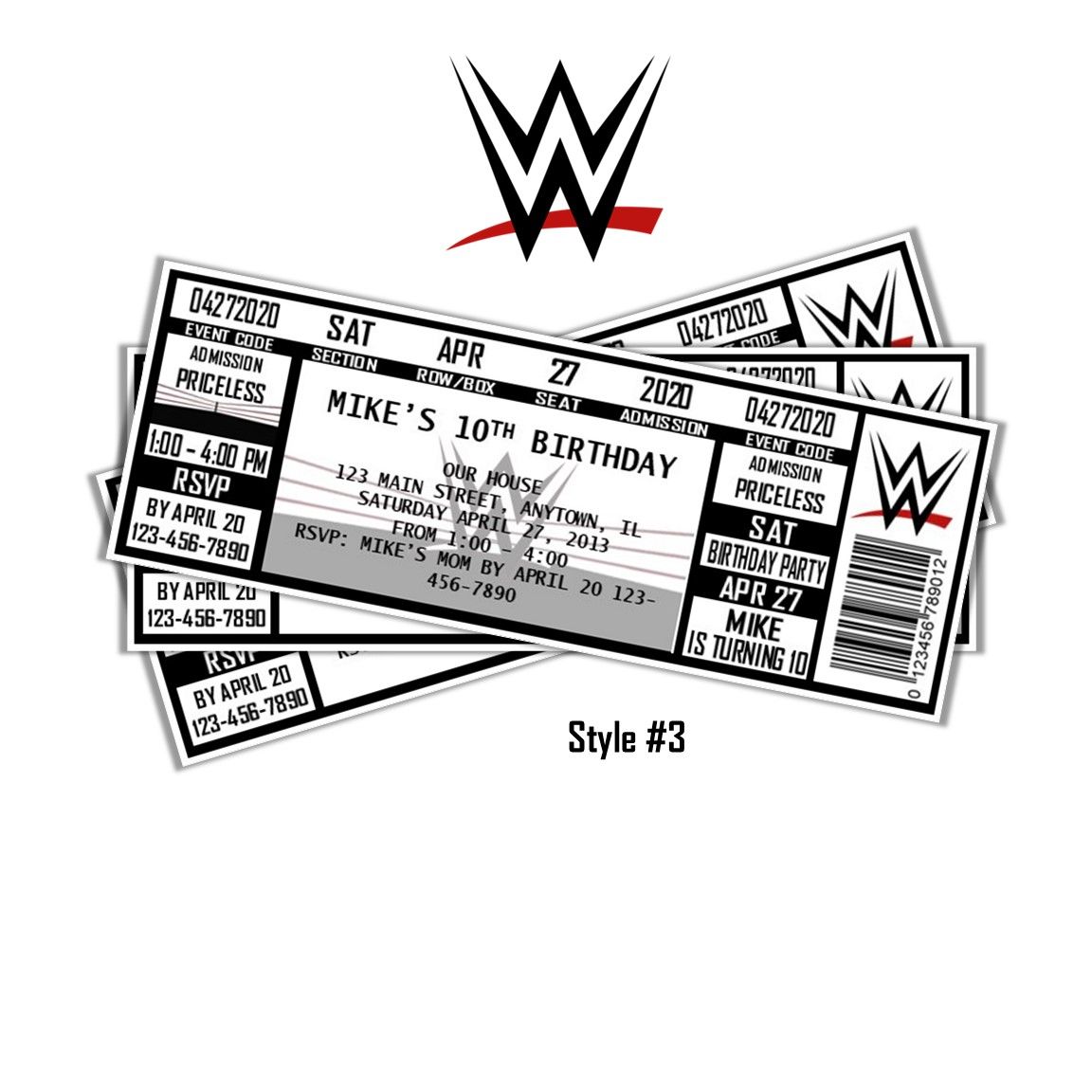 WWE Wrestling Birthday Invitation Ticket Style