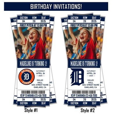 Detroit Tigers Birthday Invitation Ticket Style MLB 2025