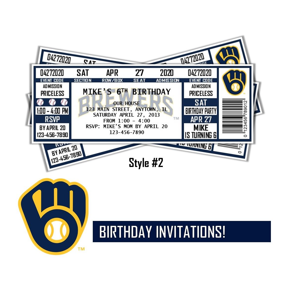 Milwaukee Brewers MLB Baseball Birthday Invitation Ticket Style