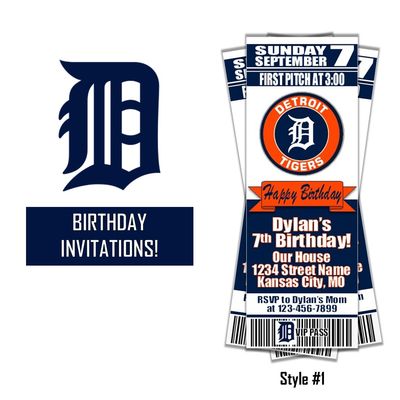 Detroit Tigers MLB Baseball Birthday Invitation Ticket Style