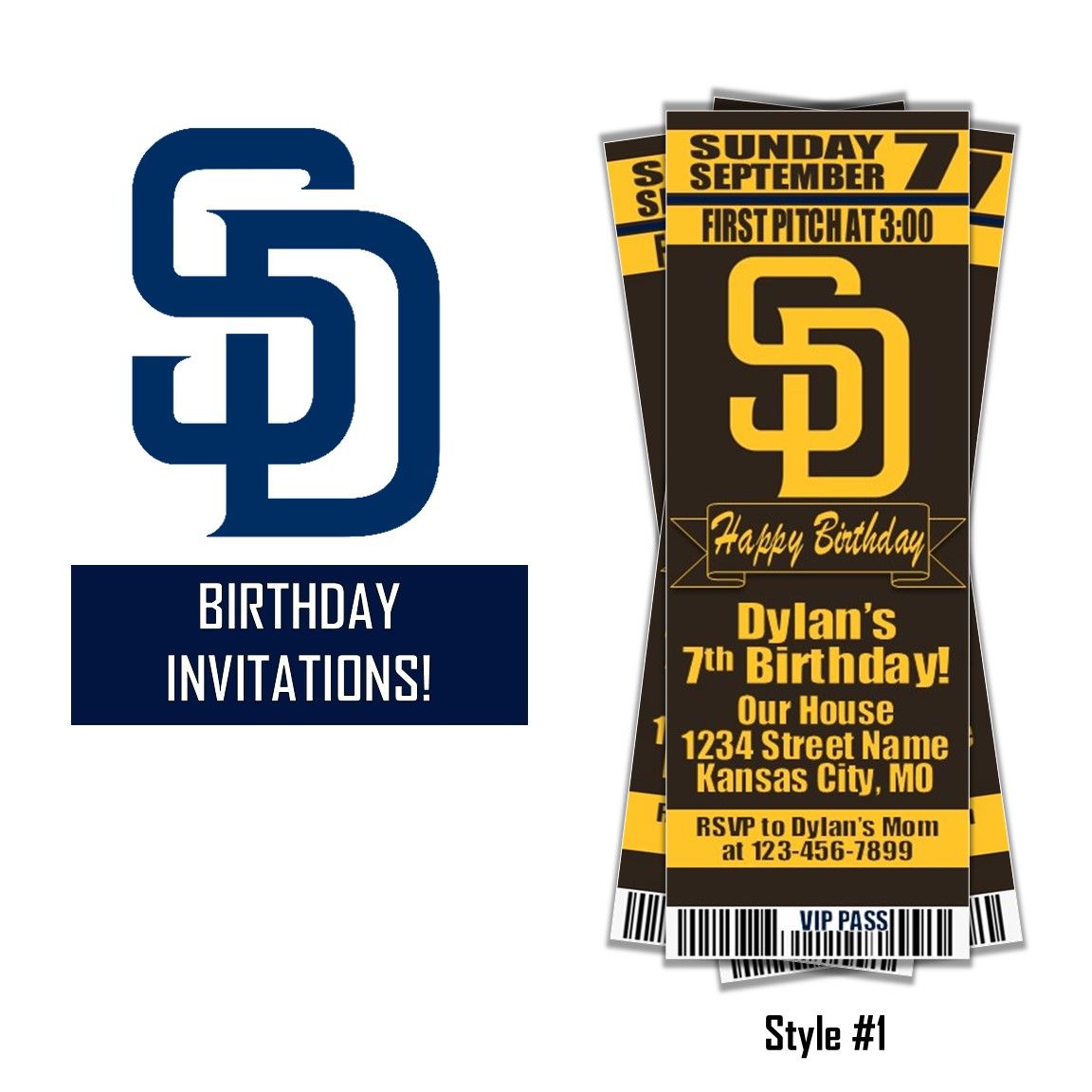 San Diego Padres MLB Baseball Birthday Invitation Ticket Style