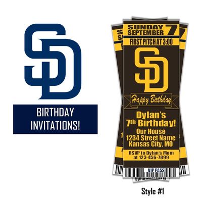 San Diego Padres MLB Baseball Birthday Invitation Ticket Style